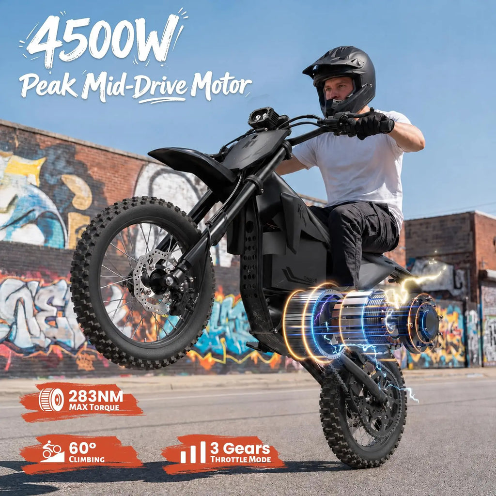 QRONGE X1 Spark M Electric Off-Road Dirt Bike for Adults & Teens, 4500W Brushless Mid-Drive Motor, 60V 28.8Ah Removable Battery, 14" Front/12" Rear Fat Tires, Up to 60 Miles Range + 1 Year Warranty