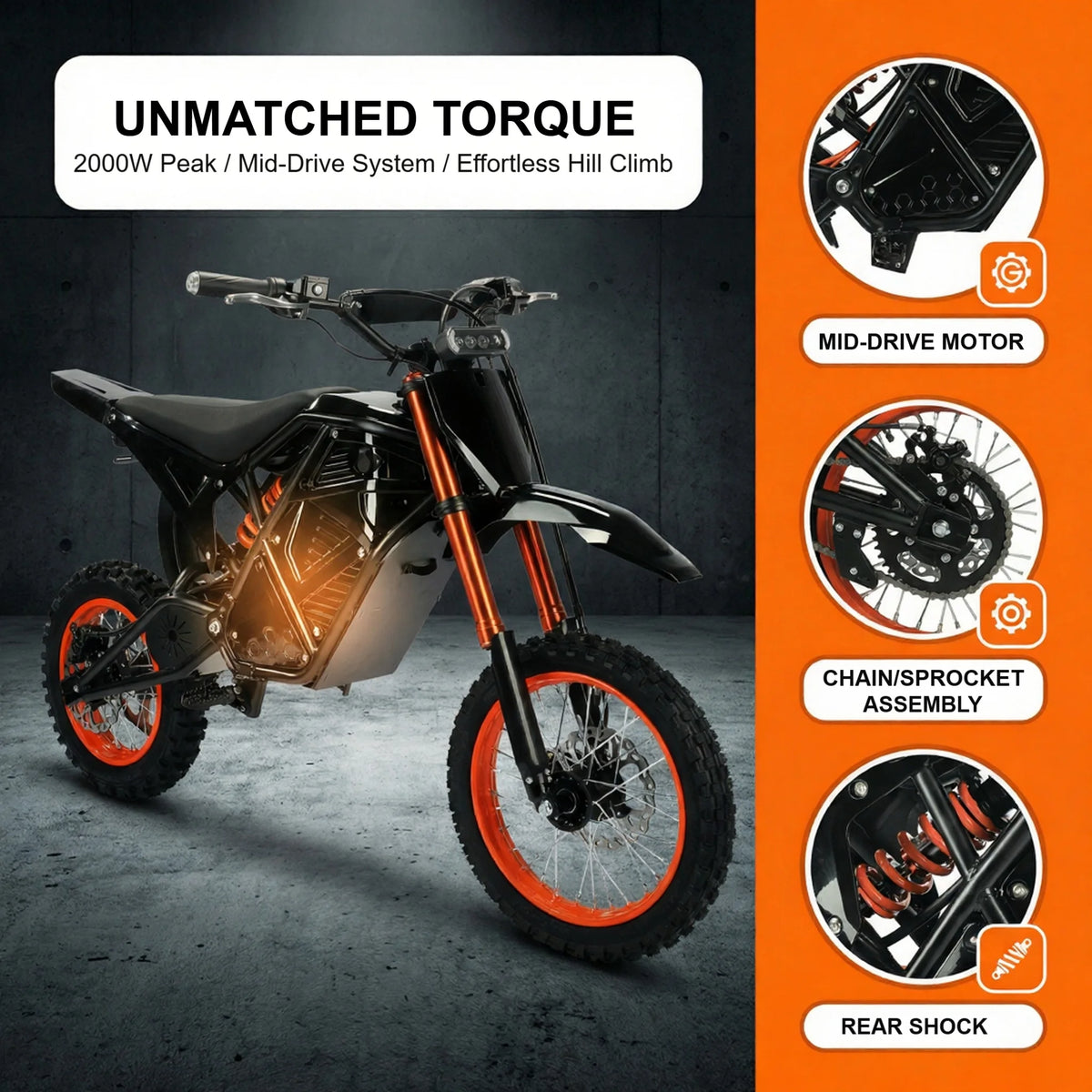 Xtion 2000W 38 MPH Electric Dirt Bike for Teens & Adults, 48V 21Ah Motorcycle, 14"/12" Fat Tires Motor Bicycle, 1 YEAR Warranty